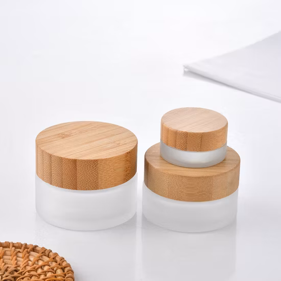 Ready to Ship Products 50g Frosted Glass Jar Cosmetic Container Low MOQ Glass Bottle OEM ODM Cream Bottle with Sustainable Bamboo Plastic Cap